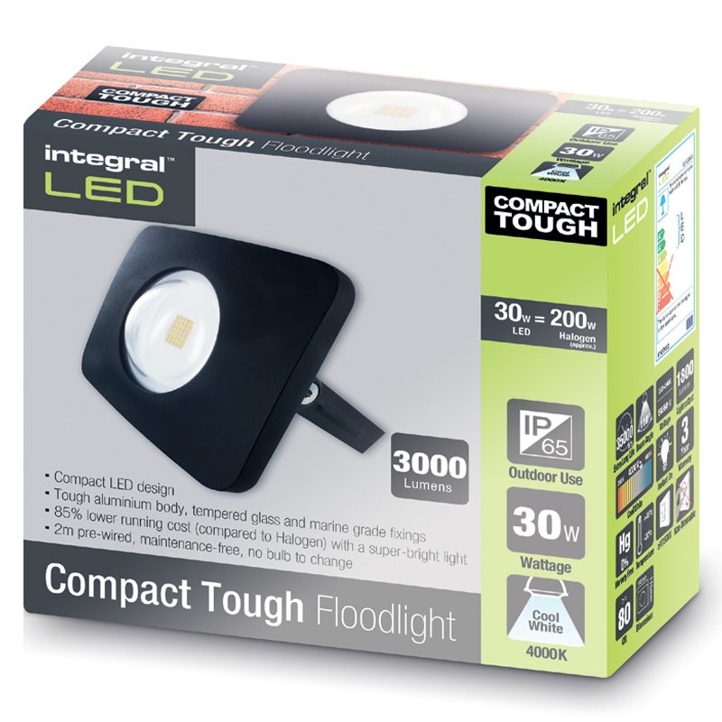 Compact-Tough Floodlight 30 Watt 4000K 3000Lm Sort