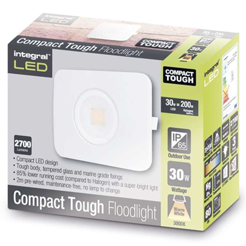 Compact-Tough Floodlight 30 Watt 3000K 2700Lm hvid