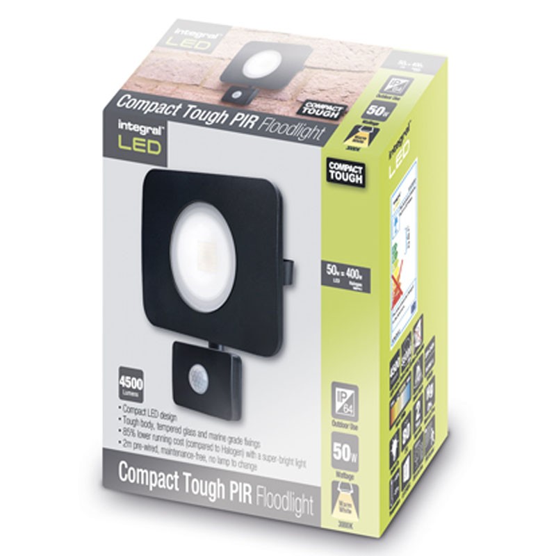 Compact-Tough Floodlight 50 Watt 3000K 4500Lm PIR Sensor Sort