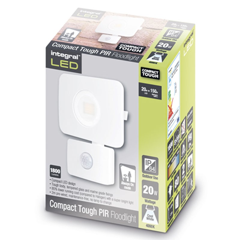 Compact-Tough Floodlight 20 Watt 4000K 1800Lm PIR Sensor override Hvid