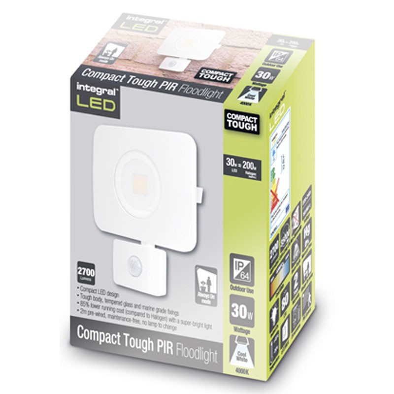 Compact-Tough Floodlight 30 Watt 4000K 2700Lm PIR Sensor override Hvid