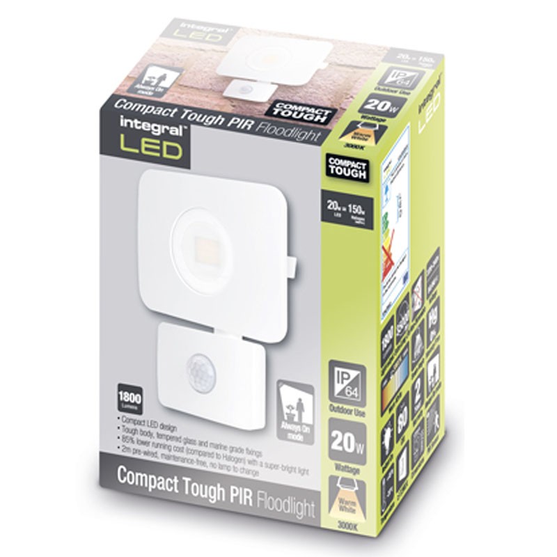 Compact-Tough Floodlight 20 Watt 3000K 1800Lm PIR Sensor override Hvid