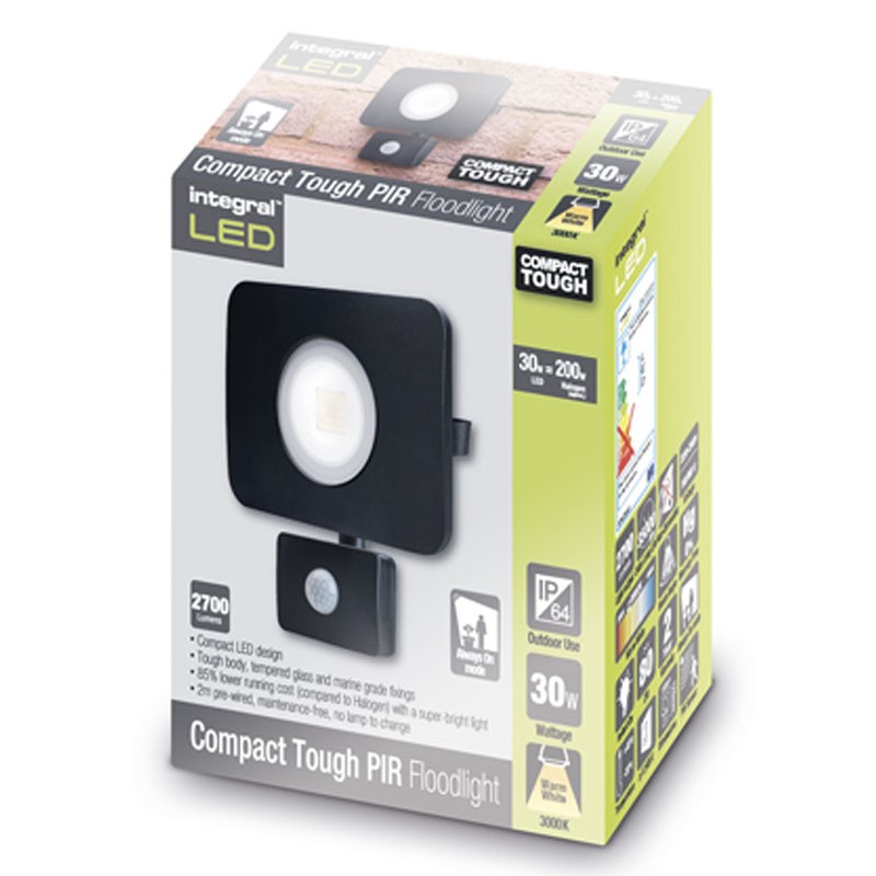 Compact-Tough Floodlight 30 Watt 3000K 2700Lm PIR Sensor override sort